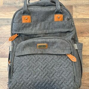 Gray Quilted Baby Diaper Backpack with Tan Accents